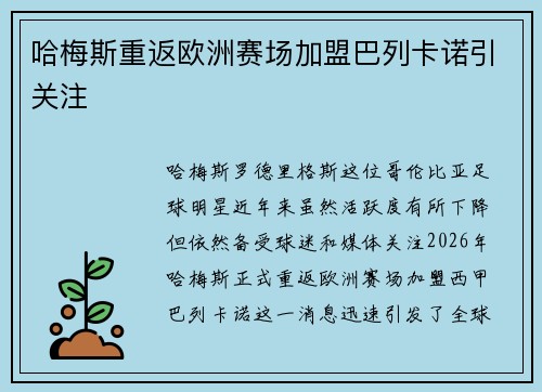 哈梅斯重返欧洲赛场加盟巴列卡诺引关注